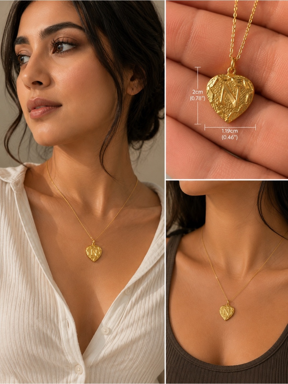 22K Solid Yellow Gold Pendant,Initial “N” Hallmark 916 Handcrafted Vintage Heart - Picture 3 of 5